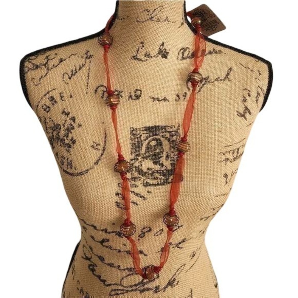 Treska Red Organza Ribbon Long Strand Necklace Bronze Cage Wrapped Amber Beads‎
